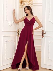 Volly Toych Burgundy Asymmetric V-Neck A-Line Long Bridesmaid Dress, Formal Gown - Burgundy - View 3