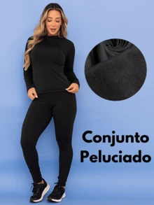 Thermal Set Blouse Second Skin Pants Leggings Plush Fitness Women's Winter Legging Plush Flannel Tarelles - 黑色 - 查看 1