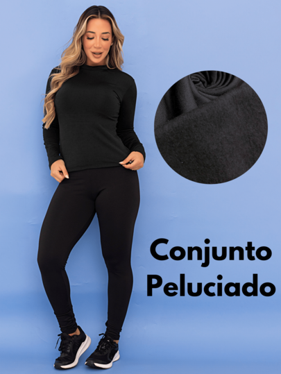  Conjunto Esportivo Térmico Blusa Segunda Pele Calça Legging Peluciada Fitness Feminina Inverno Leg Felpuda Flanelada Tarelles