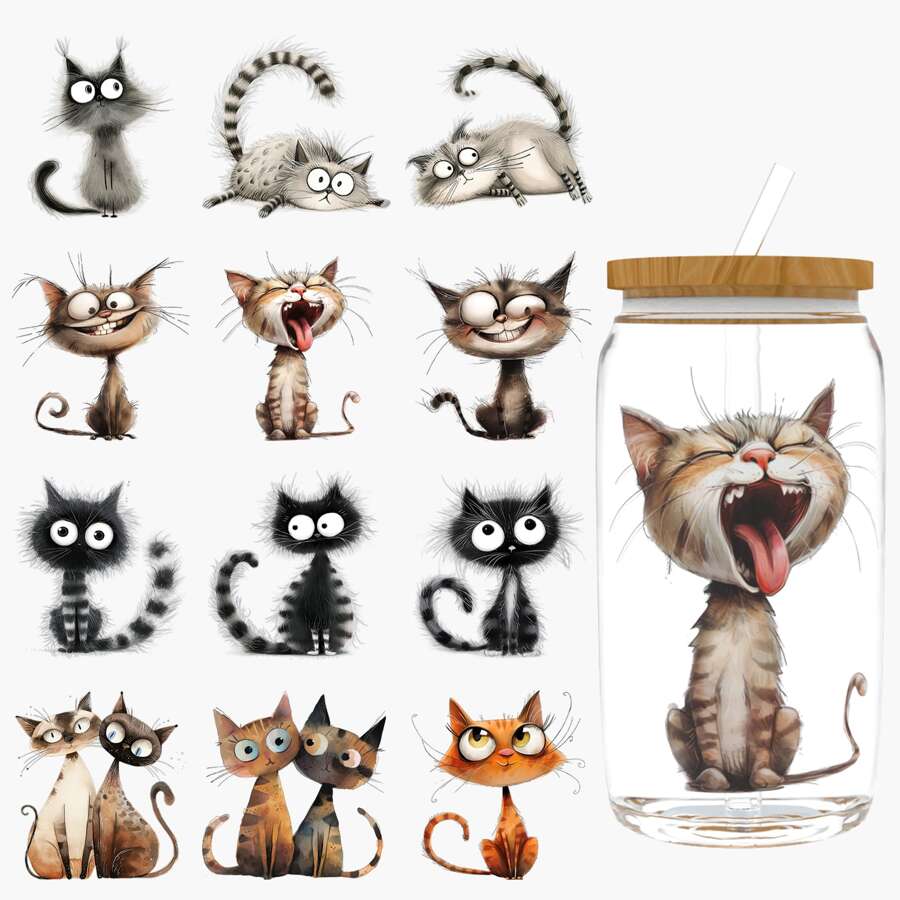 12PCS/SET UV DTF Cup Wraps Weird Cat Style Self-Adhesive Sticker For Coffee Cups, Water Bottles, Home Decor, Laptops And Refrigerator DIY Crafts(Mug Not Included), School Supplies,Back To School