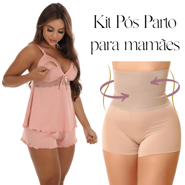 KIT Baby Doll Amamentação + Bermuda Cinta Modeladora Pós Parto para Mamães Gravidas Maternidade