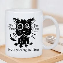 "It's Fine" Sarcastic Black Cat Ceramic Coffee Mug - Insulated Reusable White Cup With Humorous "I'm Fine" Quote, Hand-Wash Only, Perfect Gift For Coffee Enthusiasts & Cat Lovers, Casual Drinkware, Playful Design, Durable Drinkware, Quirky Style, Sturdy Construction, Office Workers - Không sao đâu - Xem 2