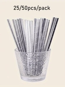 25/50pcs Metallic Silver Paper Straws, Shining Silver Paper Straws, Party Drinking Straw For Cake Pops, Birthday, Anniversary, Wedding, Holiday Celebrations, Party Decor & Supplies,School Supplies - Multicolor - View 1