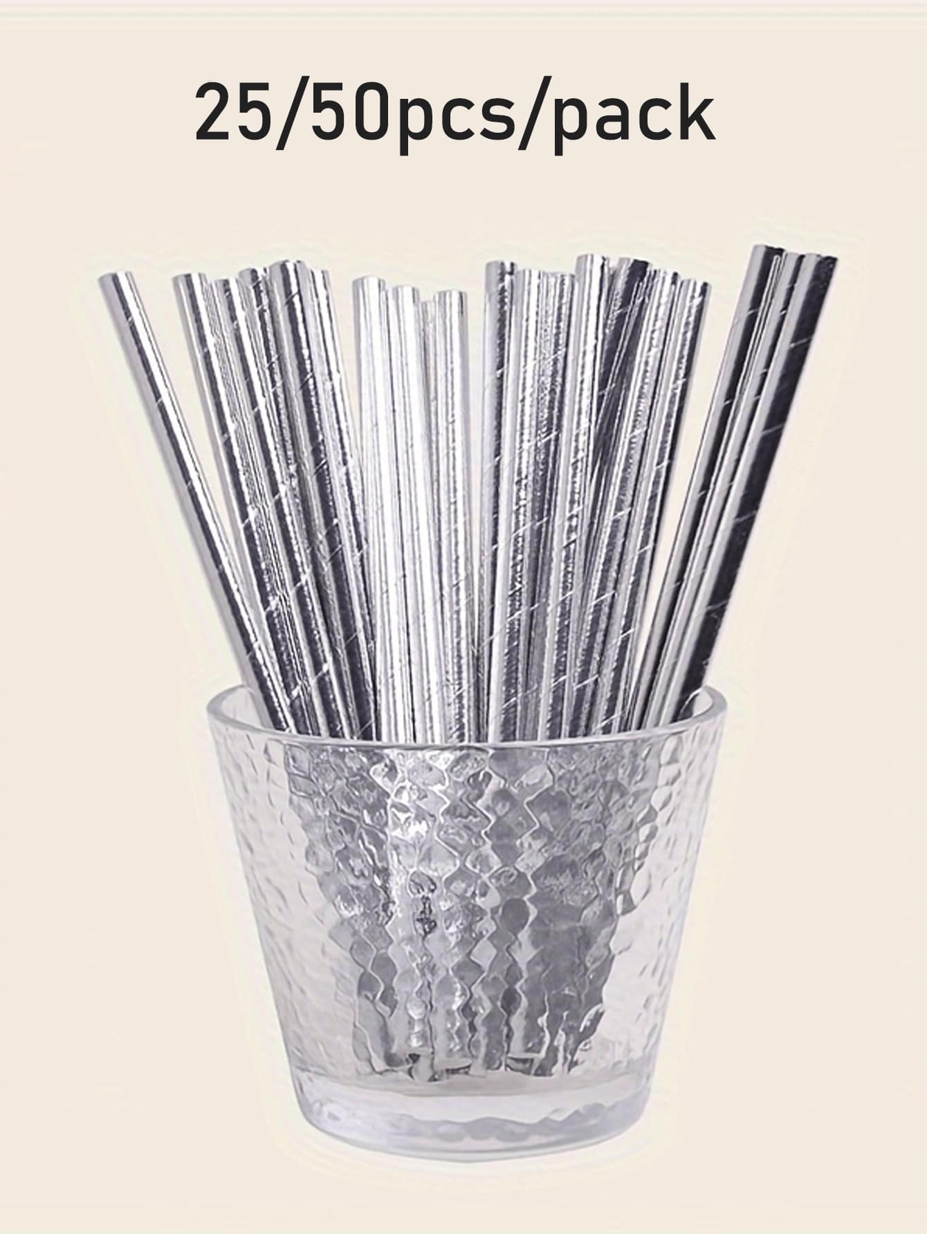 25/50pcs Metallic Silver Paper Straws, Shining Silver Paper Straws, Party Drinking Straw For Cake Pops, Birthday, Anniversary, Wedding, Holiday Celebrations, Party Decor & Supplies,School Supplies - Multicolor - View 1