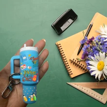 5 In 1 - 5pcs DIY Mini Tumbler Keychain Set With Teacher Print Decals - Colorful Polyvinyl Charms, Pre-Pasted Transfer Stickers For Handbag & Mini Cup Decor, Perfect Gift For Teachers, Classroom Supplies | Playful Design | Glossy Finish