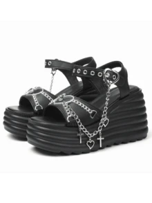 Y2K Style Punk Gothic Women's Platform Chain Sandals Black Chunky Heel Sandals With Heart & Charm Detailing Summer Open Toe Casual Sandals For Daily & Beach Vacation Shoes - Black(2) - 查看 7
