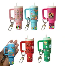 5 In 1 - 5pcs DIY Mini Tumbler Keychain Set With Teacher Print Decals - Colorful Polyvinyl Charms, Pre-Pasted Transfer Stickers For Handbag & Mini Cup Decor, Perfect Gift For Teachers, Classroom Supplies | Playful Design | Glossy Finish