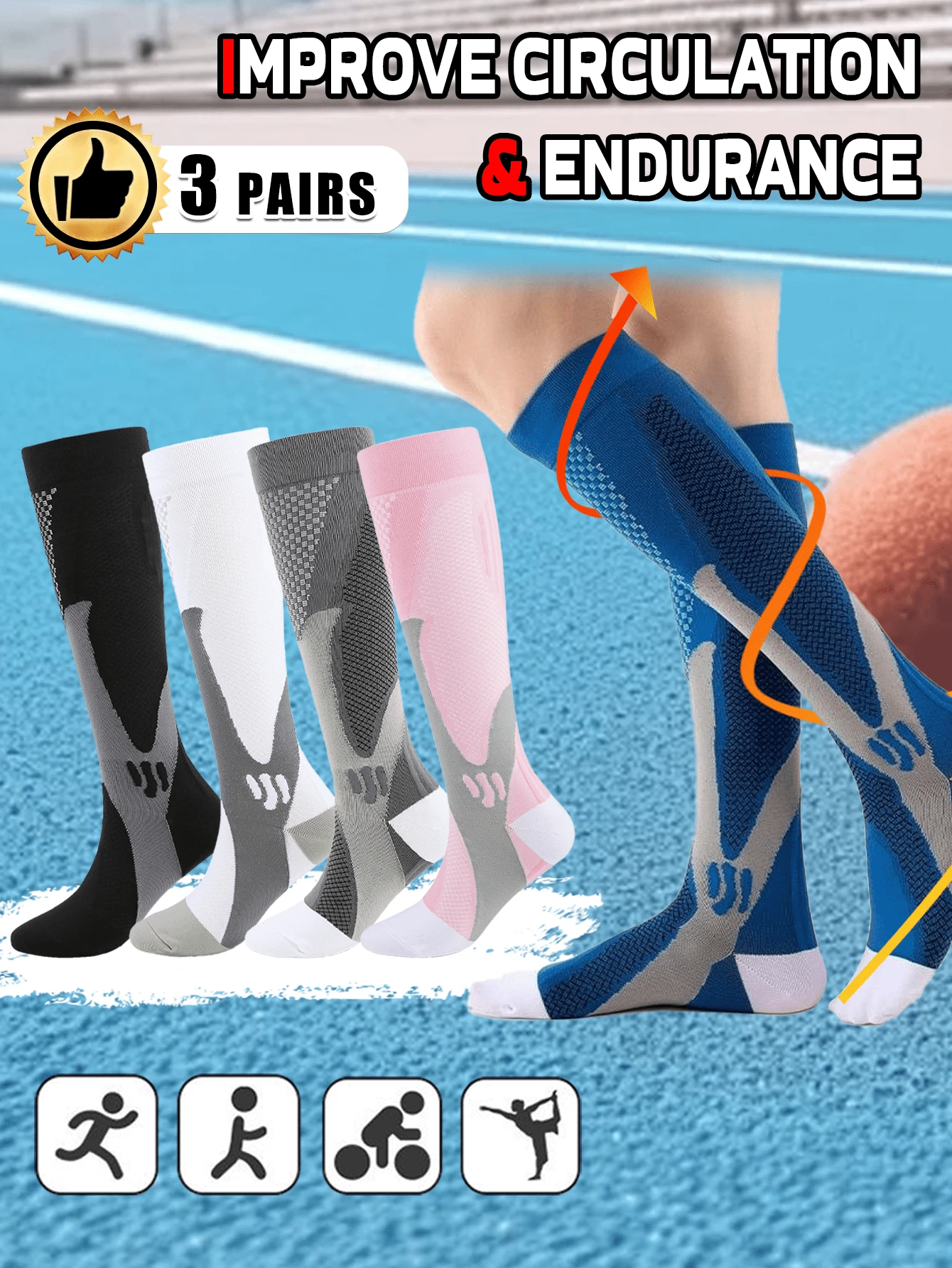 [Compression Socks] 3 Pairs Sports Compression Socks | Running Long Calf Men's And Women's Couple Student Socks - Best Support For Running Bike Flight - Multicolor - View 1