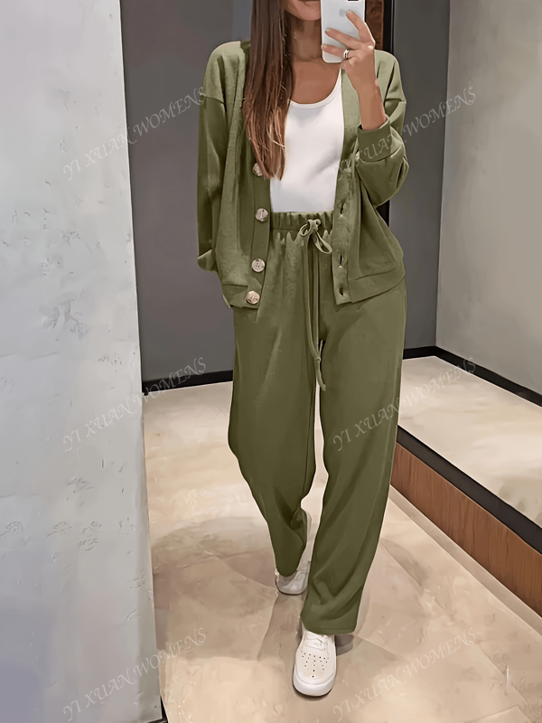 Set de două piese pentru femei, cardigan sport casual tricotat, jachetă cu nasturi și pantaloni cu șnur