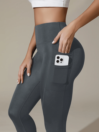 High Elasticity Solid Color Yoga Pants With Pockets, Butt Lifting Sports Leggings For Women