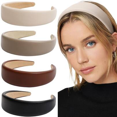 Diadema de 4 piezas, diadema ancha de moda antideslizante, diadema y cinta para el pelo sencilla para mujer, diadema de PU suave de color sólido adecuada tanto para mujeres como para niñas