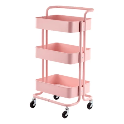 Carrinho Organizador Multiuso com 03 Prateleiras Rosa Casa Cozinha Escritório Prático Funcional