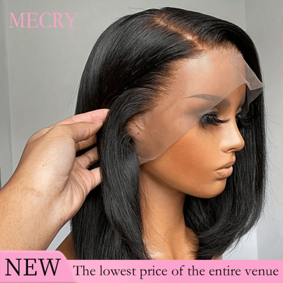 MECRY Peluca sintética recta de 12 pulgadas con encaje frontal, área de encaje de 13x4, densidad del 180%, fibra resistente al calor, estilo bob de longitud hasta los hombros, perfecta para negocios o uso diario, cabello mezclado de 10 a 36 pulgadas hecho de cabello humano mezclado con fibras sintéticas y filamentos de proteína, peluca frontal sin pegamento