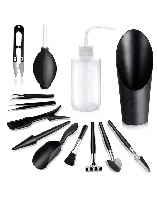 Multifunction Black Gardening Set Includes Trowel, Rake, Spray Bottle, Tweezer, Planter Tools For Succulents