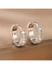 1 Pair Elegant Geometric Round Copper Micro-Inlaid Zirconia Hoop Earrings, Minimalist & Versatile, Gift For Her