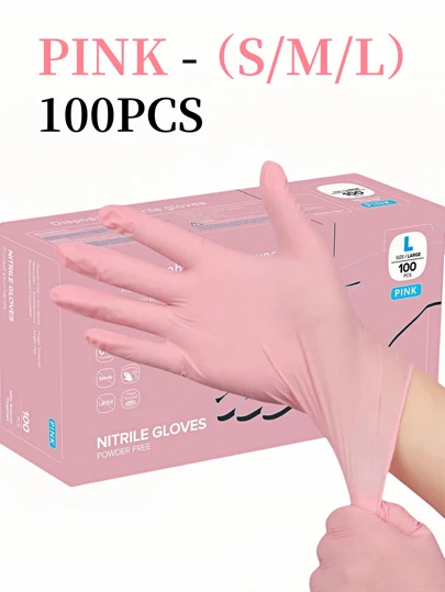 Puderfria rosa engångshandskar i nitril, asklösa, slitstarka rengöringshandskar för hushållet, latexfria, vattentäta, antistatiska, multifunktionella handskar, linnefingertoppar, lämpliga för hårfärgning, skönhet, målning, konst och hantverk, städning, kök, badrum, heminredning, julklappar, festgåvor. Storlek: S, M, L, XL
