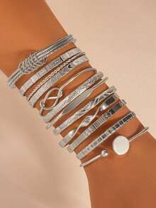 12-7pcs Fashion Metal Textured Heart Shape Bangle Bracelet Set, Boho Adjustable Layered Wristband, Suitable For Daily & Party Wear, Ideal Gift For Friends & Family - Gold - View 3