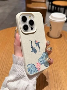 1 件简约鲸鱼与波浪绘画防水防震防滑软手机壳，适用于苹果和智能手机防摔防刮 - 彩色 - 查看 3