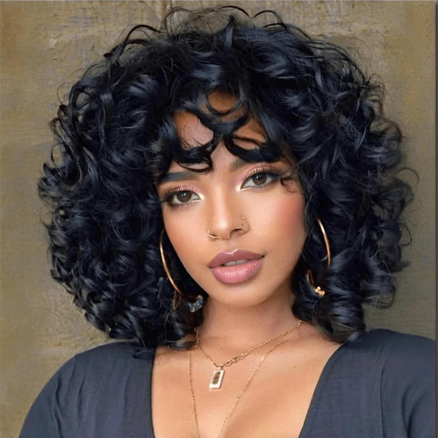 1 PC 14 Inch Women's Curly Hair Wig, Short Curly Hair Wig With Bangs, Soft, Elastic, Fluffy, Small Curly Hair, Heat-Resistant Synthetic Wig, Suitable For Daily Gatherings