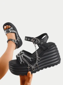 Y2K Style Punk Gothic Women's Platform Chain Sandals Black Chunky Heel Sandals With Heart & Charm Detailing Summer Open Toe Casual Sandals For Daily & Beach Vacation Shoes - Black(2) - 查看 6