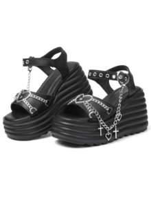 Y2K Style Punk Gothic Women's Platform Chain Sandals Black Chunky Heel Sandals With Heart & Charm Detailing Summer Open Toe Casual Sandals For Daily & Beach Vacation Shoes - Black(2) - 查看 8