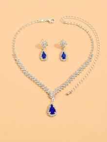 Juego de joyas con colgante de gota de agua con diamantes de imitación, adecuado para novia de boda, fiesta formal y ropa de noche - Plateado - Ver 6