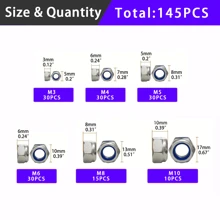Kit surtido de 145 piezas de tuercas de seguridad con inserto de nailon métrico, Tallas de M3 a M10, acero inoxidable 304, tuercas de seguridad hexagonales de grado profesional para pernos, proyectos DIY y mantenimiento de maquinaria
