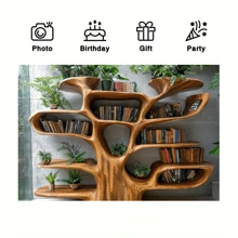 2D 1pc Tree-Shaped Bookshelf With Green Plants & String Lights – Rustic Fall Or Christmas Decor, Perfect For Cozy Reading Nooks, Party Backdrops, And Photography Props, Multiple Sizes Available, Book Deco