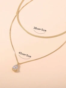 Nooxian 2pcs/set Water Drop Copper Cubic Zirconia Pendant Double Layered Delicate Necklace With Chain - Yellow Gold - View 5