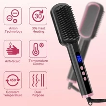 Brosse lissante à ions négatifs, peut être utilisée comme une brosse régulière ou un lisseur de cheveux, écran LCD affichant la température, réglable de 100 à 230°C en 14 réglages (intervalle de 10°C)