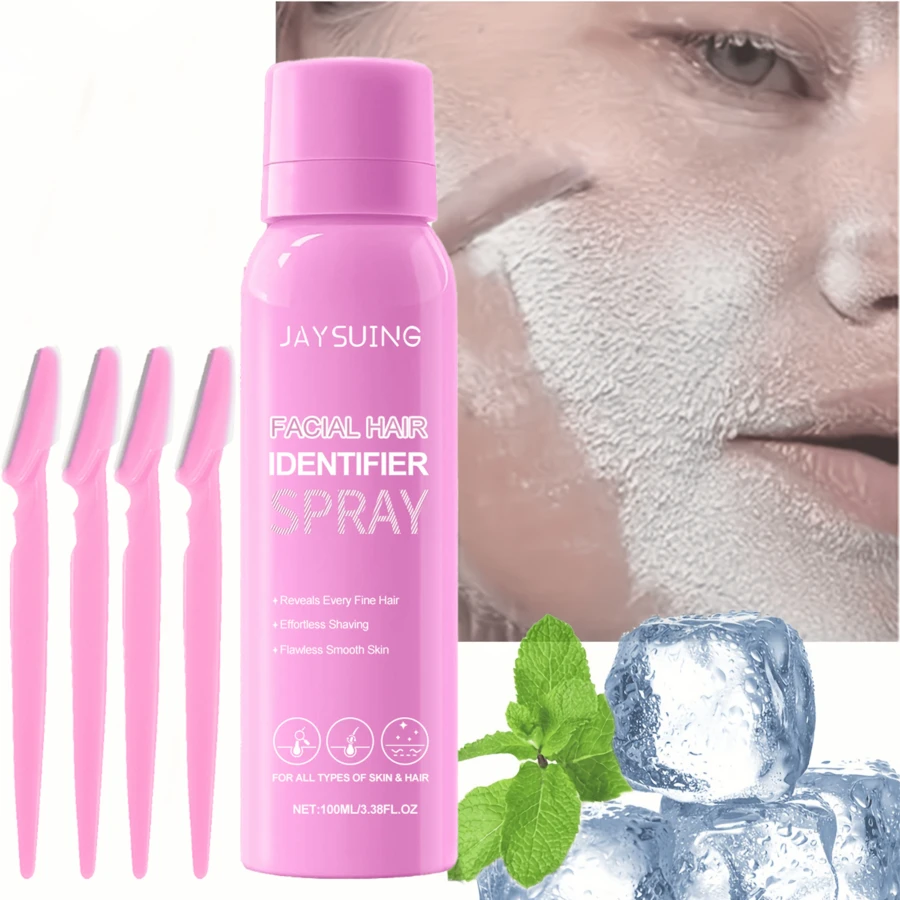 （100毫升+4支眉毛修剪器）面部脱毛喷雾，保湿去角质喷雾，亮肤去角质喷雾，面部磨砂喷雾（塑料瓶装），清洁肌肤并软化毛发。（请等待液体干燥成粉末后再进行剃须）