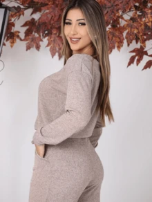 Women's Winter Set, Long Sleeve Blouse And Wide Leg Pants - Nude - 查看 2
