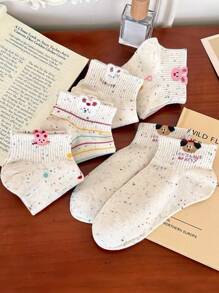 5 Pairs Dot Yarn Women Short Socks Fashion Cute Cartoon Pattern Spring/Summer Sweat Absorbing Breathable Casual Sport Socks