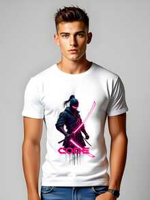 Cyberpunk Samurai 'CODE' T-Shirt - Neon Katana & Futuristic Tokyo - 白色 - 查看 1