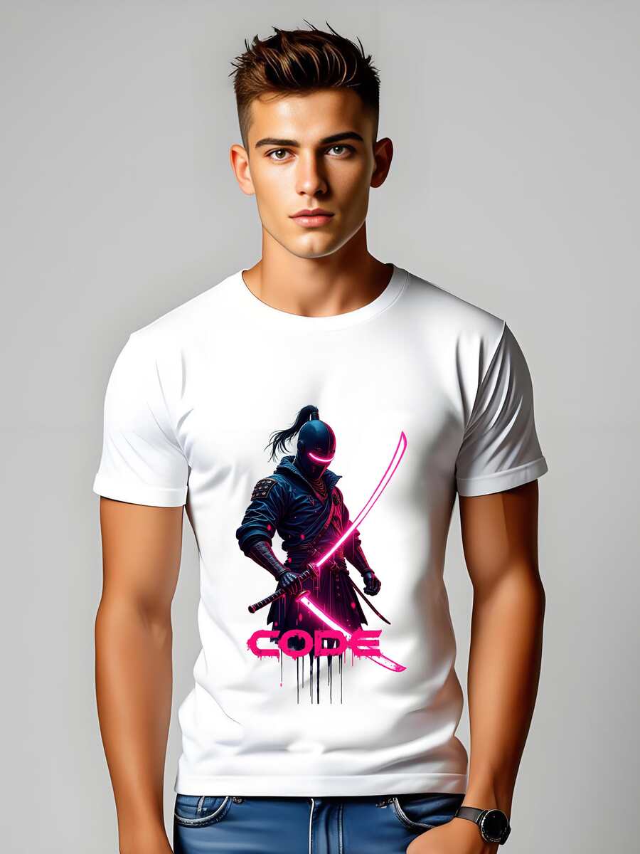 Cyberpunk Samurai 'CODE' T-Shirt - Neon Katana & Futuristic Tokyo - 白色 - 查看 1