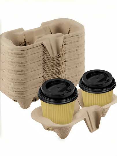 50pcs Disposable Paper Cup Holder Tray, Dual Cup Fiber Drink Carrier Tray, Suitable For Hot And Cold Beverages, Portable Coffee Cup Tray For Cafe, Restaurant, Grocery Store, Juice Bar, Christmas