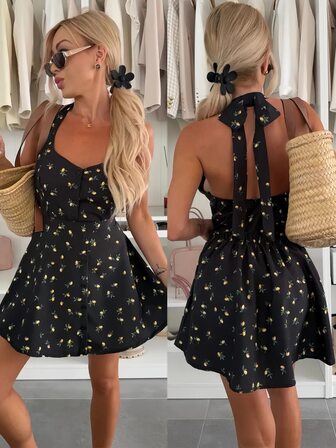 Conjunto de top de tirantes y mini vestido con estampado de limón, elegante y casual para mujer. Atuendo sexy para fiesta en verano.