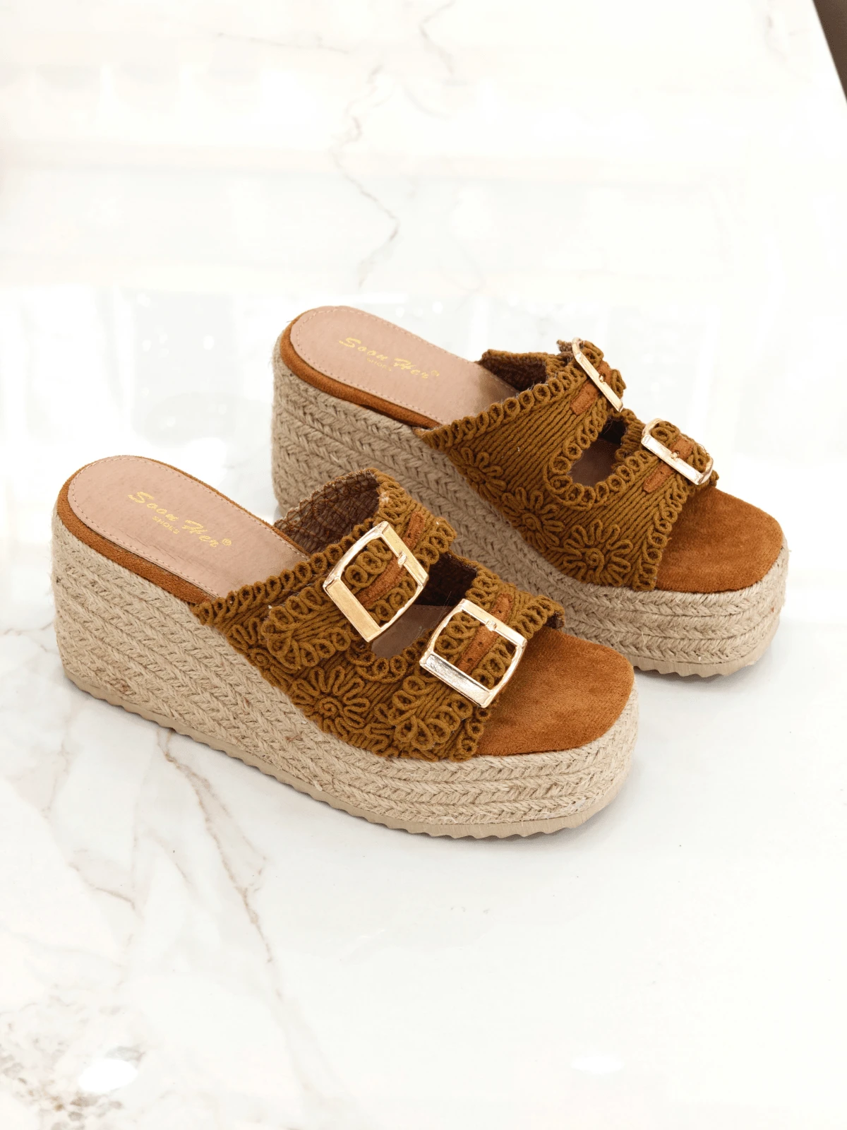 Sandales compensées au crochet Revreal – Charme bohème rustique Bohème Décontracté Loisirs Mignon Mignon Plage Mignon Élégant Élégant Resort Mode Boucle Été - Camel - Voir 1