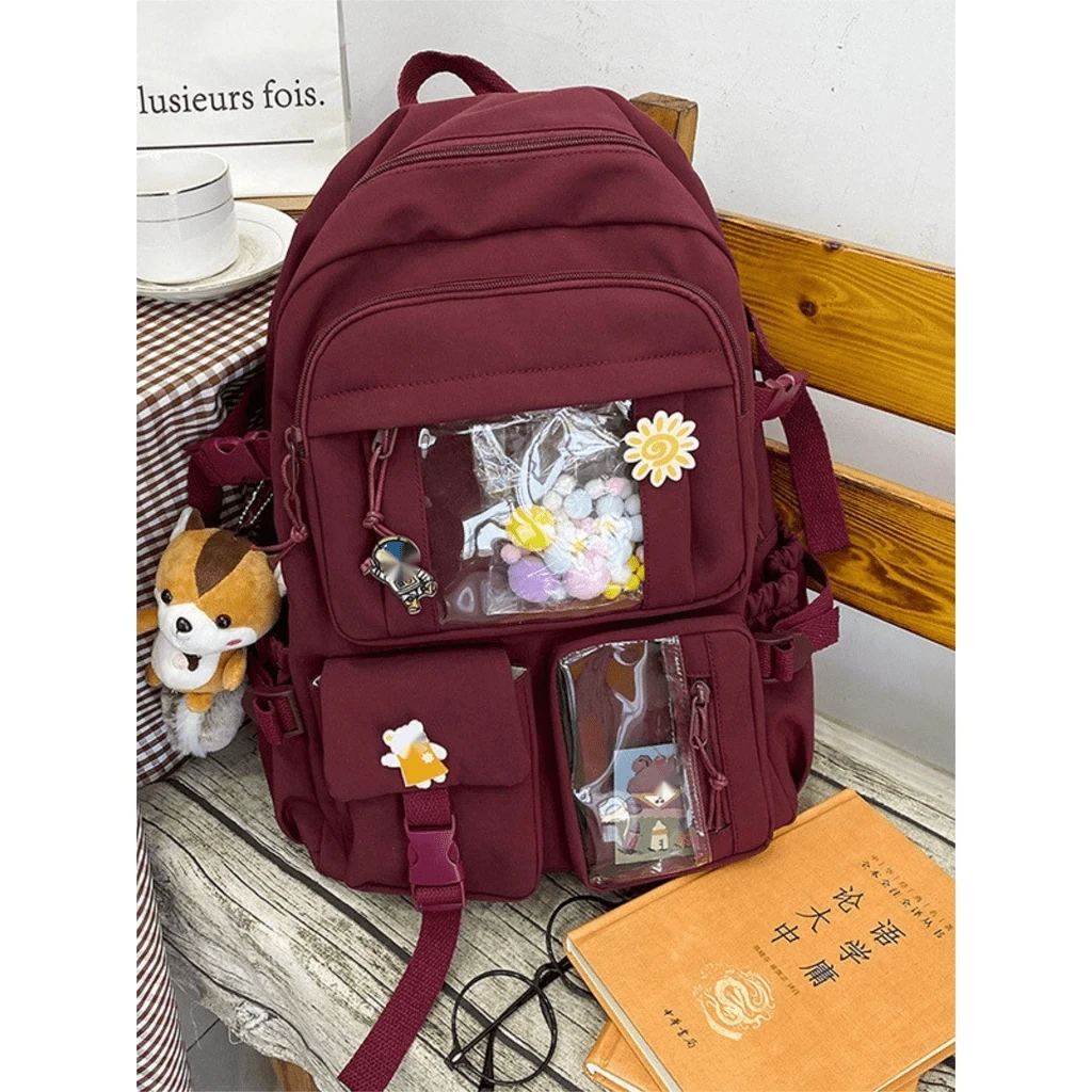 Women's Backpack Korean Large Capacity Waterproof Rugged Travel School Bag - 酒紅色 - 查看 1