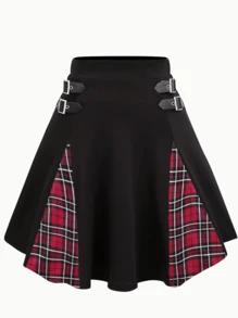 New Women Fashion Casual Decorated Skirt, Versatile Elegant High Waist Gothic Plaid Mini Skirt For Daily, Office, Outdoor, Holiday Wear. Knit Polyester Material, Suitable For Spring Summer Autumn Seasons, Women Apparel