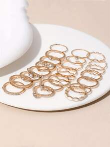 23pieces Star And Moon Rings, Diamond-Encrusted Heart-Shaped Eyes, 23-Piece Leaf Set Rings, Creative Retro Joint Rings, Luxurious And Elegant Rings, Perfect For Parties And Galas - one-size - View 2