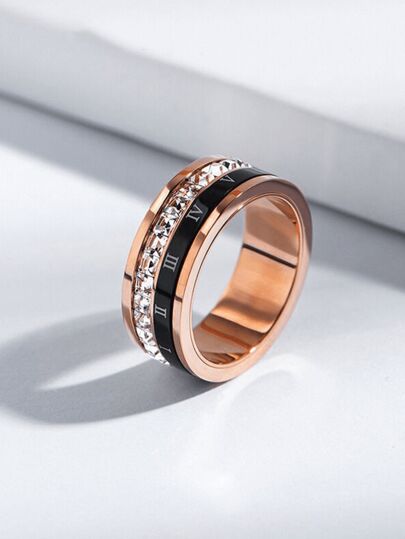 1pc Niche Luxury Roman Numeral Double Circle Titanium Steel Micro-Inlaid Zirconia Ring, Commuting Street Style, Gift For Women, Valentine's Day