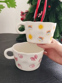 1pc Handpainted Heart, Bow, Sun, Rainbow, Star Ceramic Mug, Instagrammable French Latte Cup, Cute Girl Style Beverage Cup, Tea/Coffee/Water Cup, Practical & Stylish Gift, Suitable For Cafe, Dessert Shop, Restaurant, Living Room, Party, Gift Giving