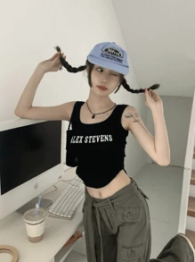 2025 New Women's Monogram Vest Summer Short Suspender Chest Padded Tops Summer Clothes Bustier Round Neck Sports Vest Sleeveless Tops Stretch Slim Fit Irregular Hem Tank Top