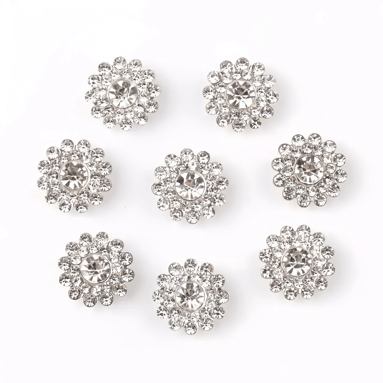 50pcs/Pack, 14mm Large Double Layer Sunflower Rhinestones, White Crystal Pearl Silver Base Rhinestone Buttons, DIY Garment Decor Accessories