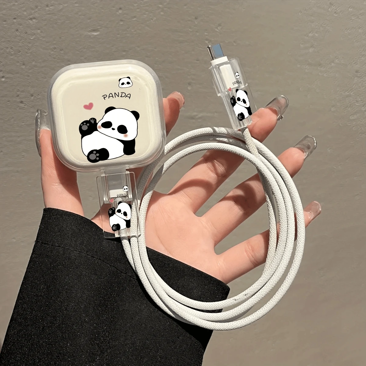 Bộ 3 ốp lưng bảo vệ bộ sạc trong suốt bằng TPU hình gấu trúc/hoạt hình/hoa dễ thương tương thích với iPhone 13/14/15/16, 18W/20W - Bao gồm ốp lưng sạc tường hình gấu trúc, bảo vệ cáp - Quà tặng lý tưởng - Trong sáng - Xem 1