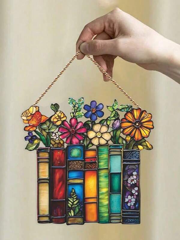 1PC 2D Flat Flower Acrylic Light Catcher, Library Books Window Hanging Sun Catcher, Gift For Book Club, Book Lover, Librarian, Book-Themed Decoration