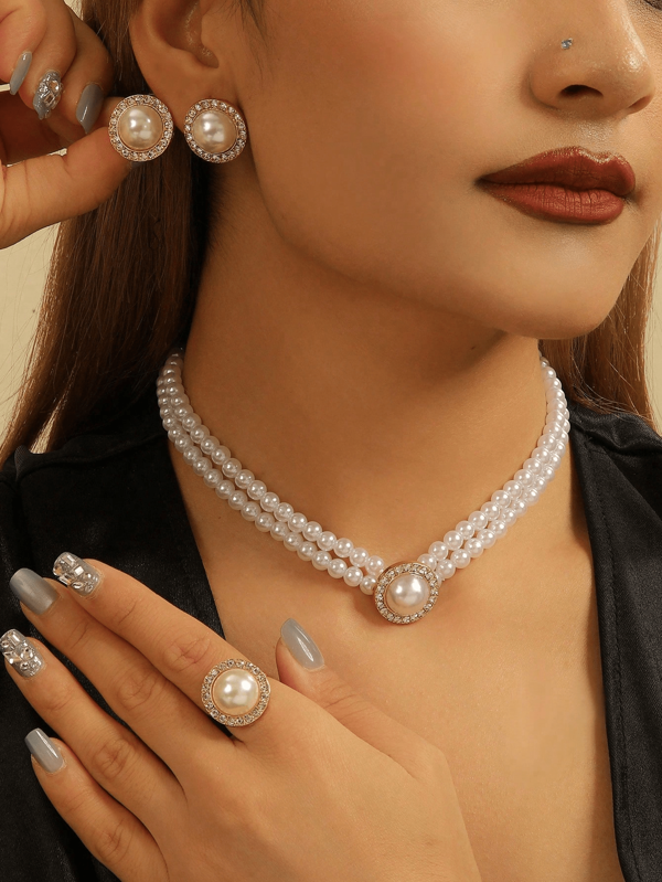 4pcs Fashionable & Elegant Faux Pearl Jewelry Set - Double Layer Necklace, Round Stud Earrings, Ring, Suitable For Women's Parties And Holidays