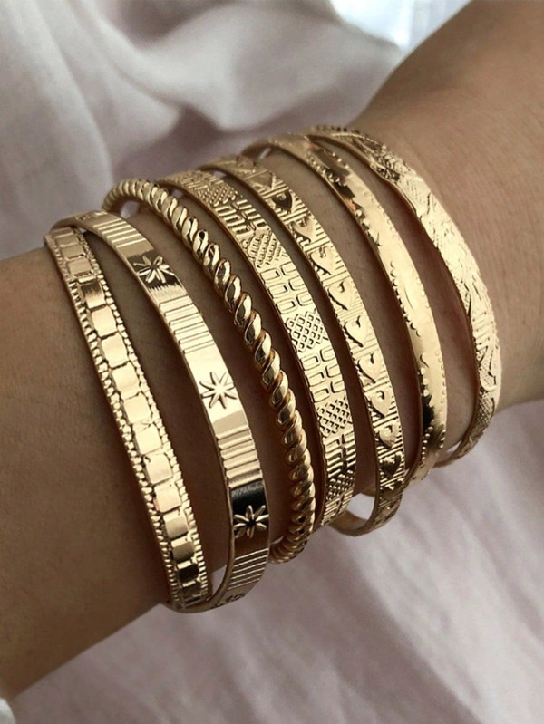 7pcs/2pcs Set Textured Metal Bracelet
