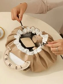 1 pièce Sac à maquillage grande capacité à cordon, sac cosmétique en PU imperméable portable, fourre-tout de voyage estival, sac de rangement multifonctionnel pour maquillage, idéal pour la fête des mères, les demoiselles d'honneur, les cadeaux pour les enseignants, les accessoires de mariage, les cadeaux de vacances